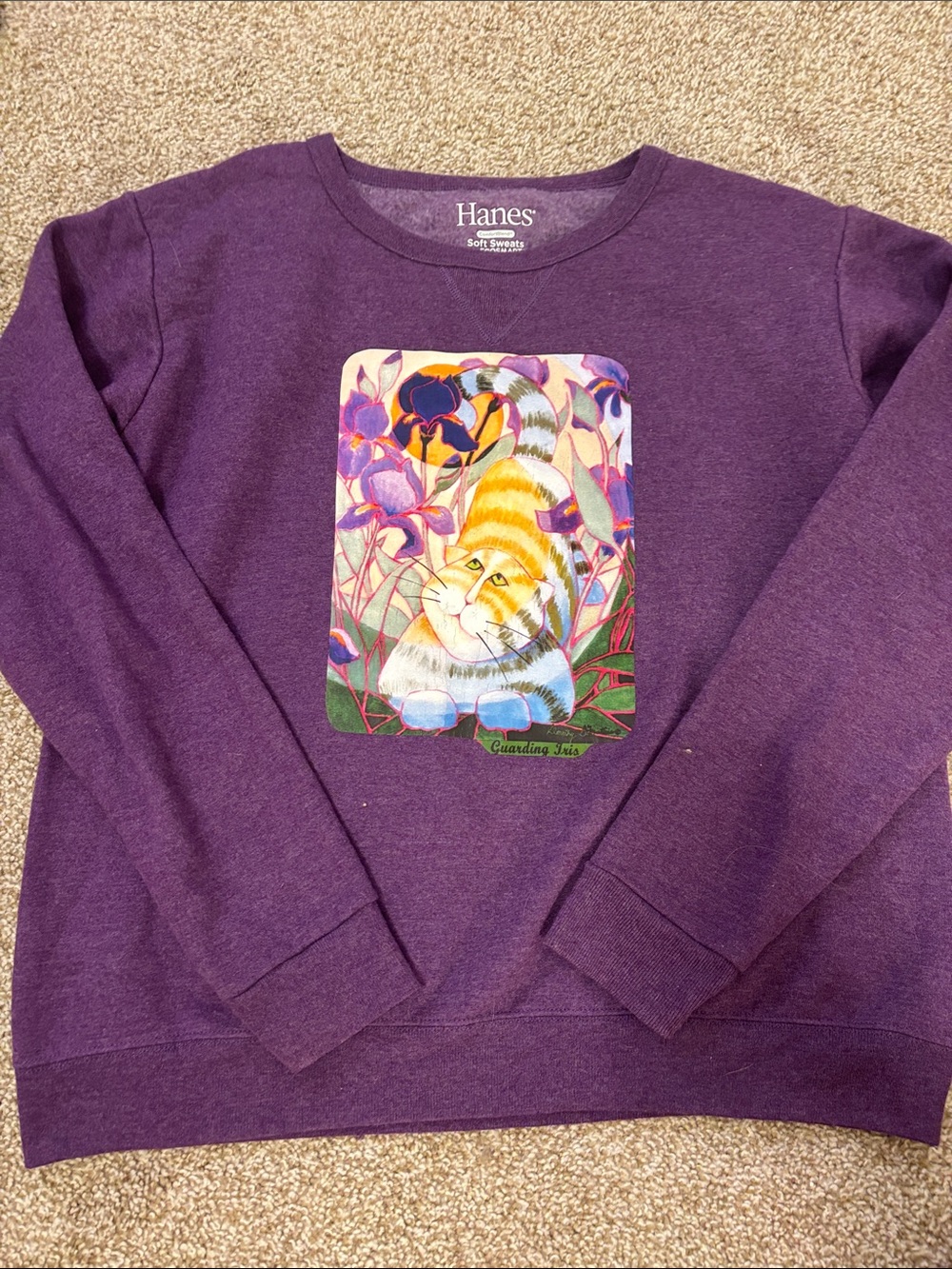 Hanes Purple Crewneck with Colorful Cat and Floral Print